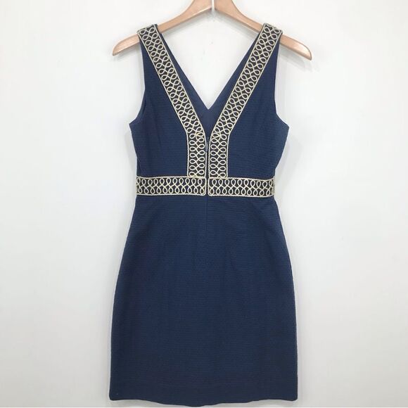 Lilly Pulitzer Aveline Navy Blue Metallic Gold Trim Sleeveless Shift Dress - Picture 8 of 14